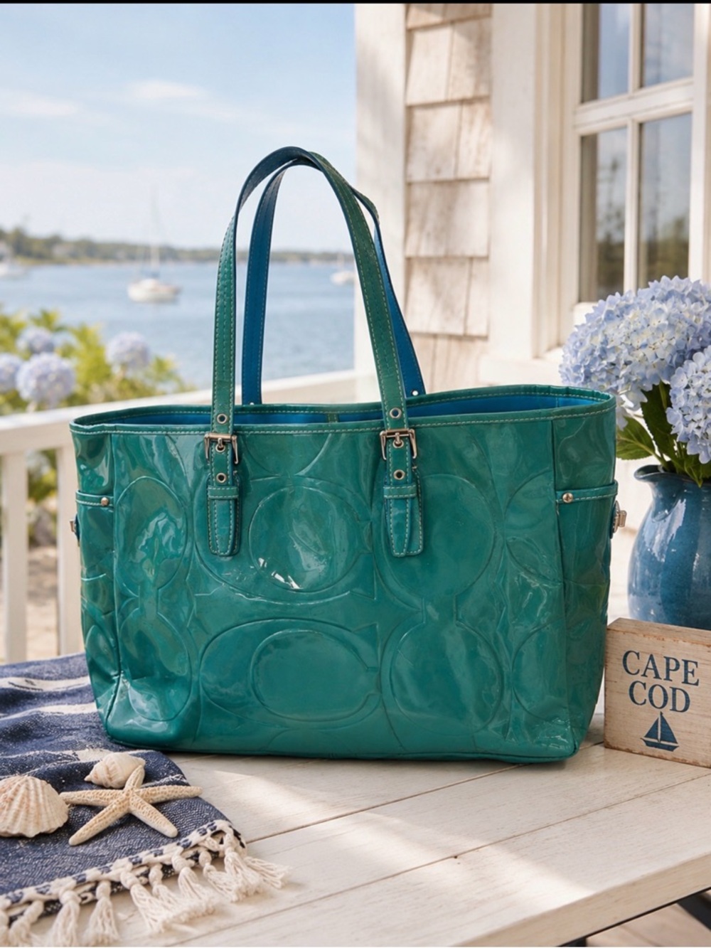 Coach Teal embossed Patent gallery tote F14484